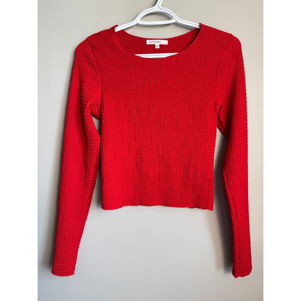 ANTISTAR Red Textured Long Sleeve Smocked Crop Top Small Indie Sleaze Preppy Y2K